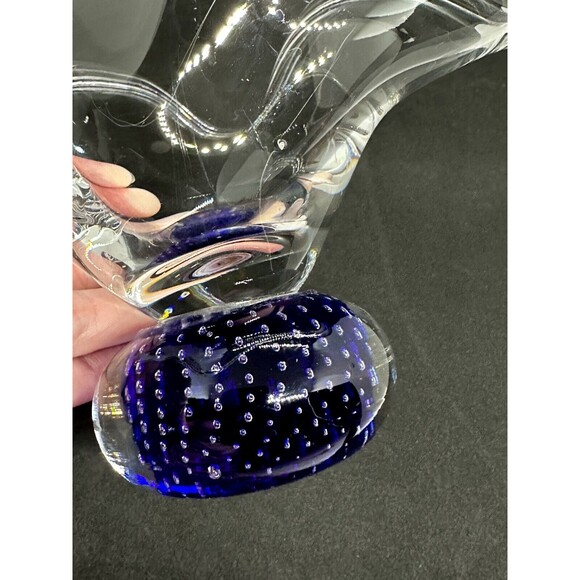 Hand Blown Art Glass Bowl Controlled Bubbles Wavy Pedestal Polished *flaw* - Picture 8 of 12